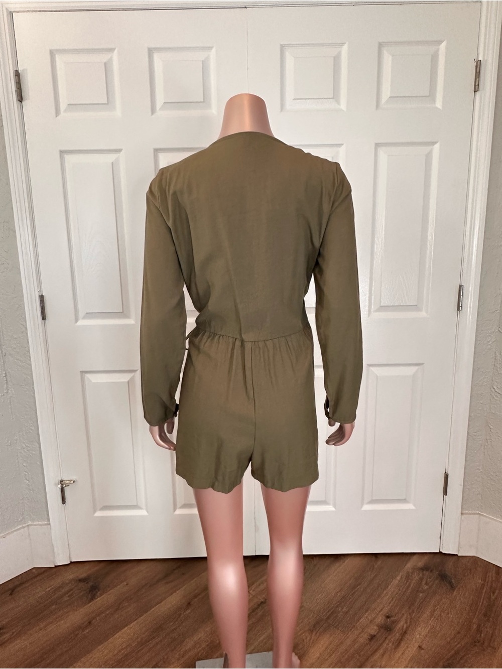 Matty M Olive Wrap Romper | Small | Long Sleeve Tie Waist Utility Chic | A-1836 - Picture 6 of 16